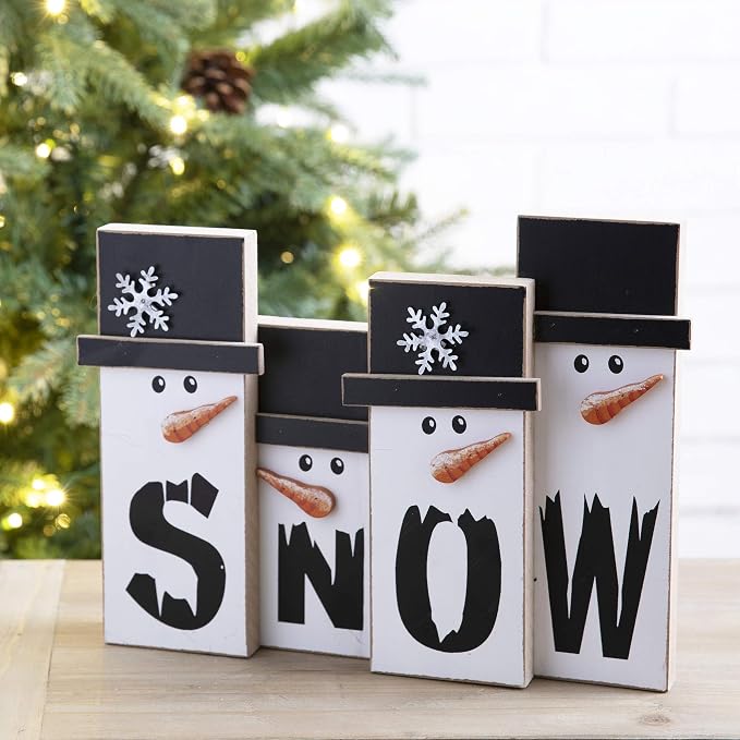 Glitzhome Wooden Christmas Table Holiday Decoration Tabletop Centerpiece, 11.7" L, Snowman Family, JK43757GH