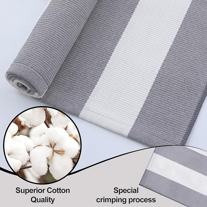 OLANLY Grey and White Striped Rug 3' x 5' – Washable Cotton Indoor Outdoor Doormat for Front Door, Entryway, Kitchen, Porch, Patio Decor