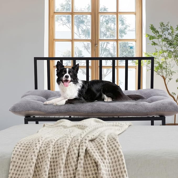 Leinuosen Adjustable Bedside Dog Bed for Large Dogs, 44"x39" Metal Co Sleeper Frame with Storage Shelf, Washable Cushion, 300 lb Capacity, Black