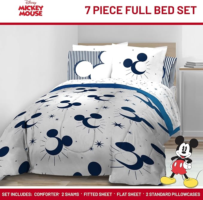 Disney Mickey Mouse Full Size Comforter Set 7 Piece Bedding, White | Bed in a Bag, Comforter Sheets Shams Pillowcases, Official Product, Soft Microfiber, Machine Washable, Easy Care