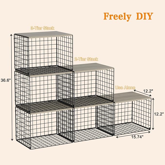 Extra-Long Closet Organizers and Storage with Top Board, 3 Pack Stackable Closet Shelf Organizer, Double Storage Design Clothes Storage Cube/Bin Organizer for Wardrobe,Space-Saving, Black,Sturdy,Metal