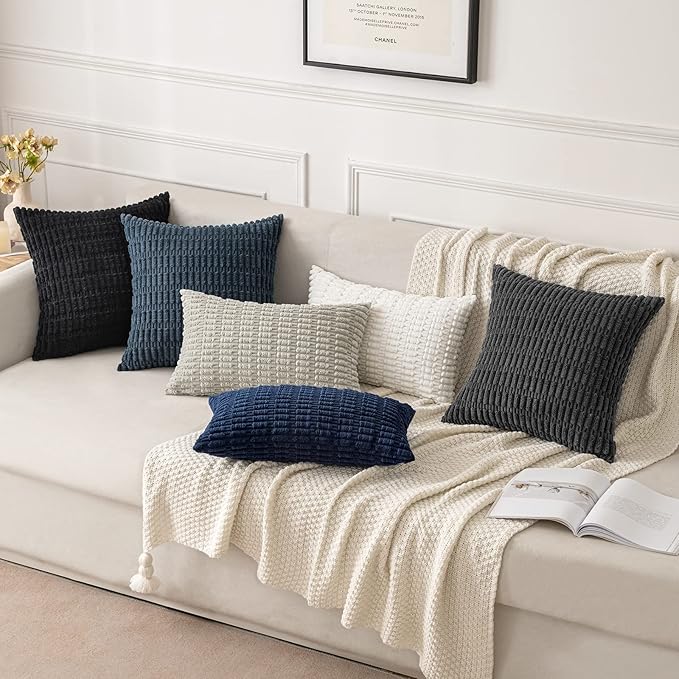MIULEE Pack of 2 Corduroy Decorative Throw Pillow Covers 16x16 Inch Soft Boho Striped Pillow Covers Modern Farmhouse Home Decor for Summer Coastal Sofa Living Room Couch Bed Blue