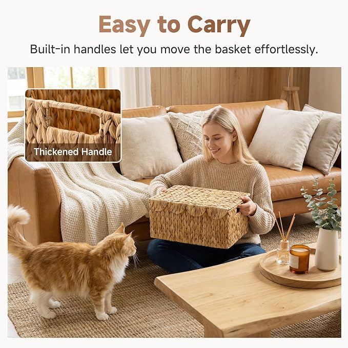 StorageWorks Wicker Basket with Lid, Scalloped Edge Woven Basket, Water Hyacinth Storage Baskets with Lid, Large Baskets for Shelves, Decorative Storage Boxes, 16½" L X 13" W X 7½" H