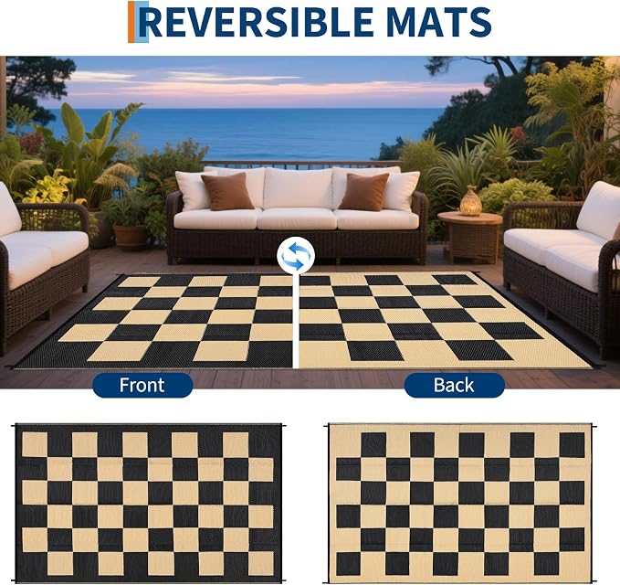 GarveeHome Outdoor Rug 5 x 8 Waterproof Modern Checkboard Plastic Straw Rug, UV-Resistant Outside Woven Camping Rug, Foldable Geometric Plaid Reversible Mat for Backyard, Picnic, Black Brown