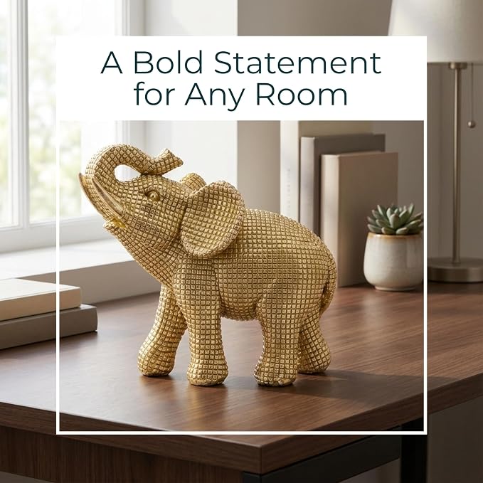 Decorative Resin Elephant Figurine for Home and Bathroom Decor - Ornament Statue for Office Desk, Living Room, or Shelf Styling - Elegant Accent for Entryway and Coffee Table - 7", Gold & Metallic