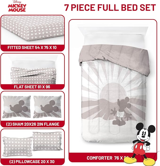 Disney Mickey Mouse Full Comforter Set 7 Piece Cartoon Bedding, Grey | Bed in a Bag, Comforter Sheets Shams Pillowcases, Official Product, Soft Microfiber, Machine Washable, Kids Gift