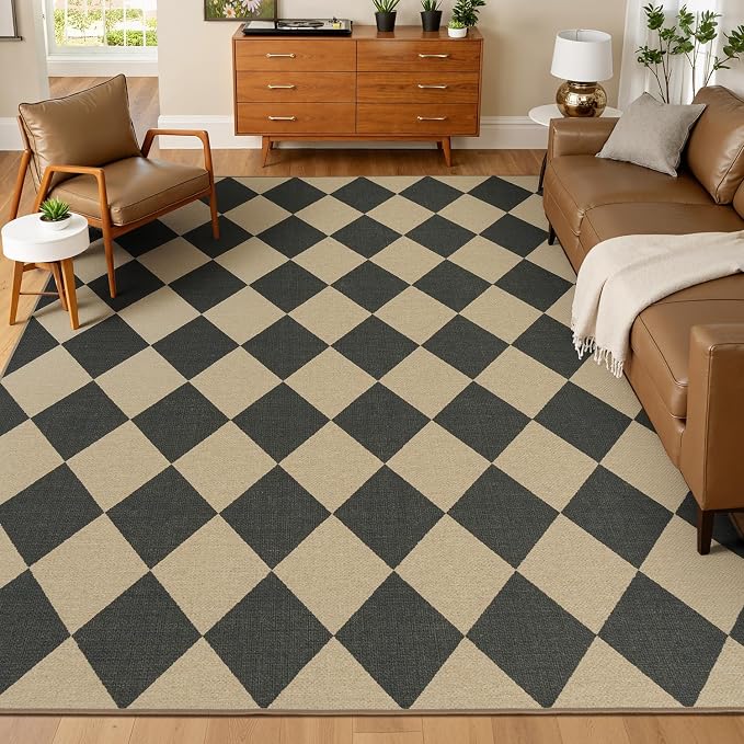 Lessymo Checkered Outdoor Rugs 6x9, Washable Easy Jute Patio Rug | Indoor Living Room Farmhouse Rugs, Geometric Non Slip Black Carpet for Bedroom Backyard Dining Room, Diamond Black/Beige
