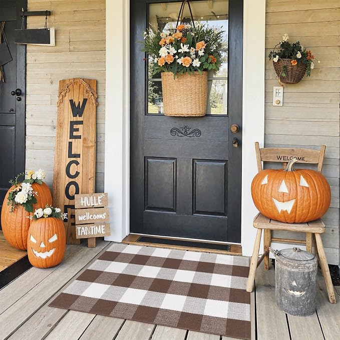 KIMODE Fall Decor Door Mat Buffalo Plaid Outdoor Mat 24"x35" Farmhouse Brown Checkered Rug Fall Thanksgiving Front Porch Rug Decor Washable Layered Door Mats Outdoor Autumn Mats