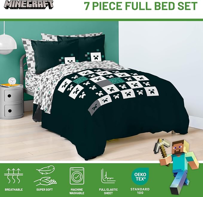 Minecraft Creeper Full Comforter Set 7 Piece Video Game Bedding, Green | Zombie Enderman, Comforter Sheets Shams Pillowcases, Official Product, Soft Microfiber, Machine Washable, Kids Gift