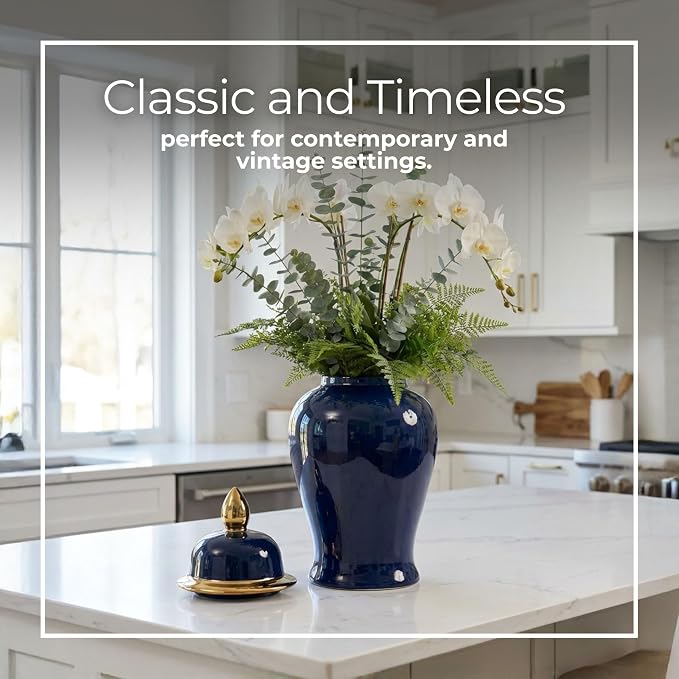 Ceramic Temple Jar with Lid for Living Room Decor - Contemporary Flower Vase for Bedroom, Home Styling, and Kitchen Counter - Sculpted House Accent for Office and Table Decor - 18", Blue & Gold