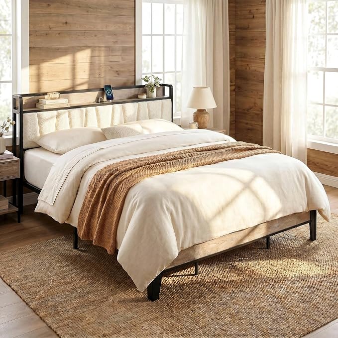 LIKIMIO California King Bed Frames, Bouclé Storage Headboard with Charging Station, Solid and Stable, Noise Free, No Box Spring Needed, Easy Assembly
