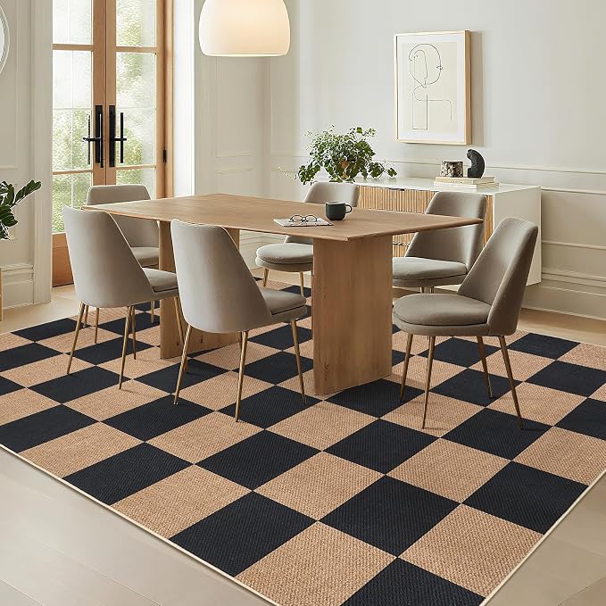 GarveeHome 9x12 Checkered Easy Jute Rugs for Bedroom Machine Washable Large Rugs Non-Slip Backing Modern Neutral Stain Resistance Carpets for Farmhouse Patio Dining Room Backyard Black Tan