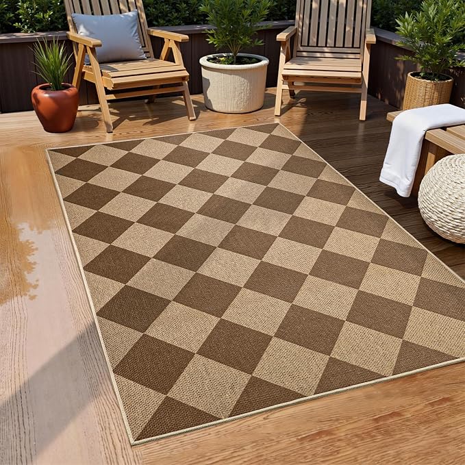 EDIMENS 3x5 Outdoor Rugs Checkered Easy Jute Front Door Mat Entryway Rug | Brown Washable Non Slip Indoor Outdoor Rug Farmhouse Neutral Living Room Carpet for Backyard Porch Balcony Patio