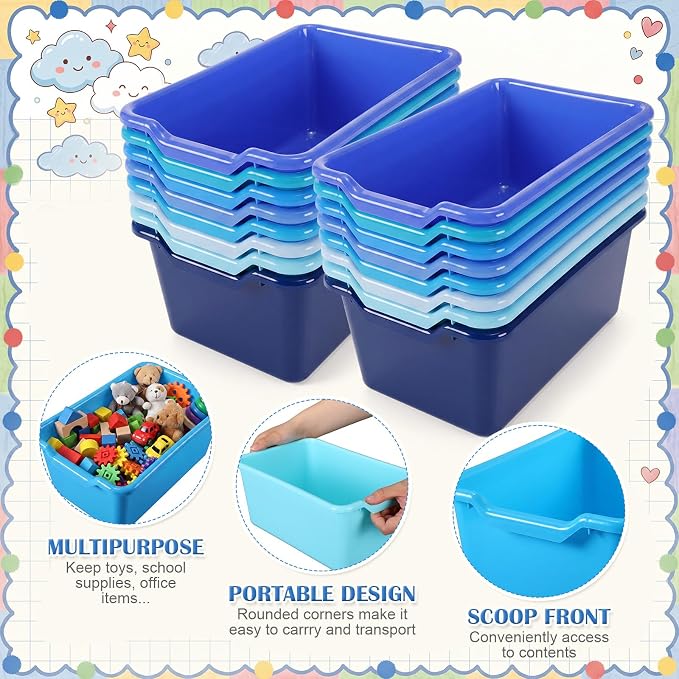 Dandat 32 Pcs Plastic Book Bins for Classroom Library Cubby Bins Scoop Front Stackable Toy Storage Tubs Containers for School Office Home Nursery Playroom Organization (Blue Series)