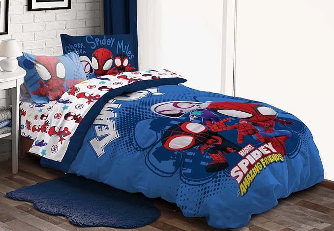 Marvel Spidey and Friends Full Size Comforter Set 7 Piece Bedding, Blue | Ghost-Spider, Bed in a Bag, Comforter Sheets Shams Pillowcases, Official Brand, Soft Microfiber, Machine Washable, Kids Gift
