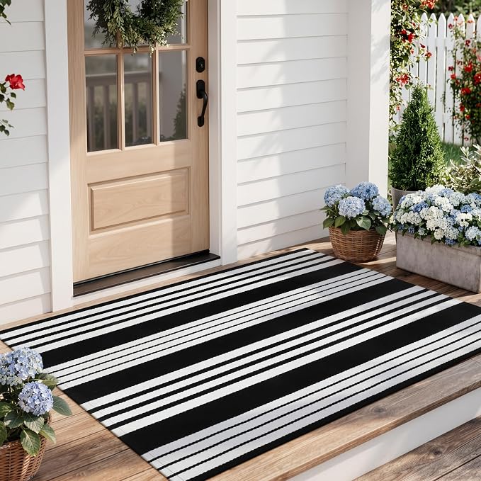 OJIA Front Door Mats 27.5"x43" Black and White Outdoor Rugs Porch Decor | Cotton Woven Front Door Rug Striped Area Rug Machine Washable Layered Doormats for Farmhouse/Kitchen/Entryway/Patio Decor