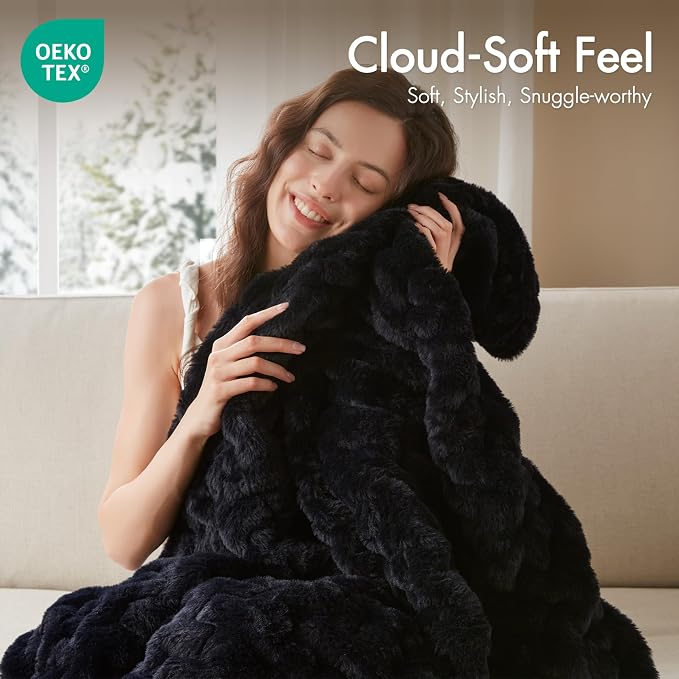 Madison Park Ruched Fur Throw Faux Fur Blanket for Sofa, 50" x 60", Black | Luxury, Premium, Soft Cozy Brushed Long Pile, All Season Plush Modern OEKO- TEX Certification Warm For Bed, Couch or Sofa