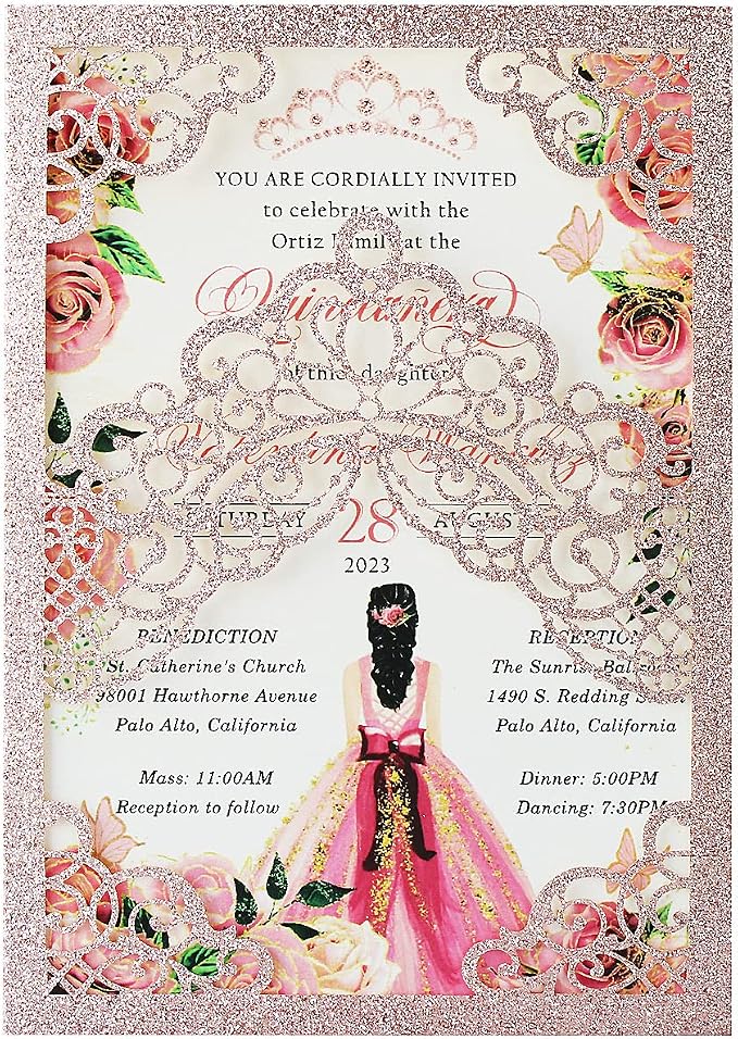 Hosmsua 50PCS 5.1x7.3 Inch Blank Rose Gold Glitter Quinceanera Invitations Kit Laser Cut Floral Crown Pocket Quinceanera Invitation Cards with Envelopes for Birthday Quince Anos Invite