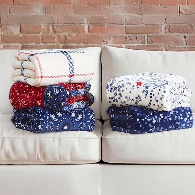 Lucky Brand 50" x 70" Plush Throw Blanket, Bandana White/Navy | For Sofa or Bed