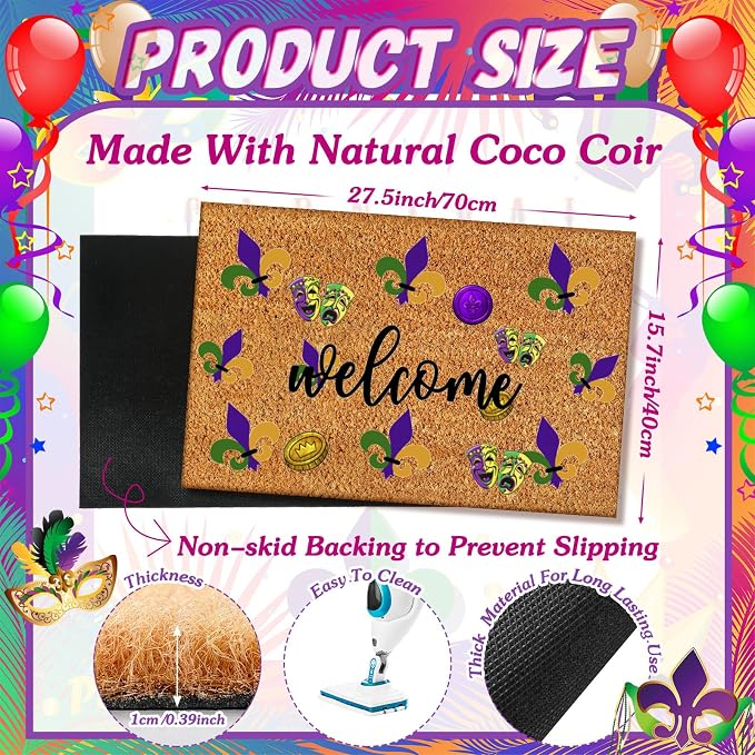 Ceenna Mardi Gras Coir Doormat Outdoor Mardi Gras Welcome Outdoor Rug Fleur De Lis Non-Slip Coir Carnival Front Door Mats Purple Yellow Green Decorations for Front Porch Entryway Bathroom Decor