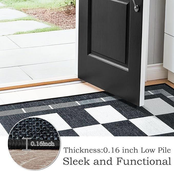 2.5x8 Jute Checkered Runner Rugs, Outdoor Runner Rug, Washable Hallway Rug | Patio Porch Balcony Runners Indoor Bedroom Kitchen Laundry Mat, Non Slip Plaid Farmhouse Carpet, Black and White