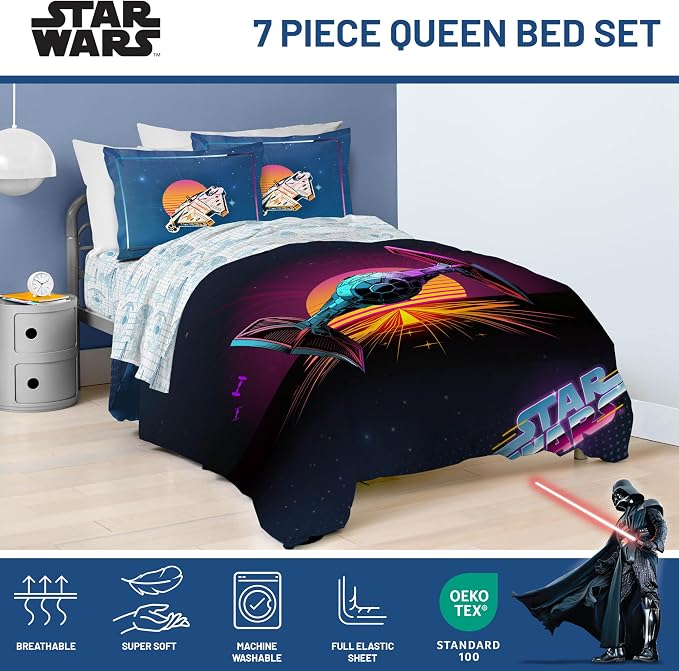 Star Wars Queen Comforter Set 7 Piece Soft Bedding for Boys, Blue | Bed in a Bag, Comforter Sheets Shams Pillowcases, Official Product, Soft Microfiber, Machine Washable, Boys Gift