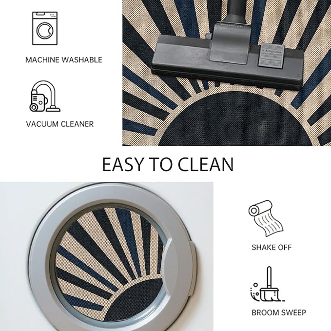 Easy Jute Sun Rug 2.6x5Ft Half Circle Sunshine Doormat Neutral Faux Jute Indoor Outdoor Carpet for Farmhouse Bedroom Entrance Balcony Kitchen Laundry Room, Nonslip, Half Round, Black/Blue 4