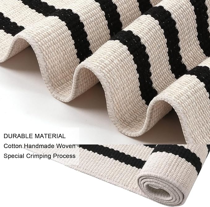 LEEVAN Black and White Striped Patio Outdoor Rug 5x8, Washable Living Room Bedroom Area Rug, Soft Cotton Blend Sturdy Carpet for Kitchen, Dining Room, Playroom, Mudroom, Sunroom