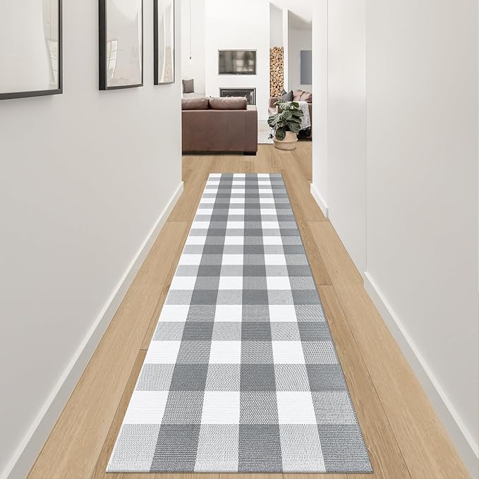 Buffalo Plaid Runner Rug 2x8 Feet Grey and White Checkered Rug Farmhouse Hallway Runners Cotton Woven Washable Carpet for Entryway Kitchen Laundry Bedroom Living Room
