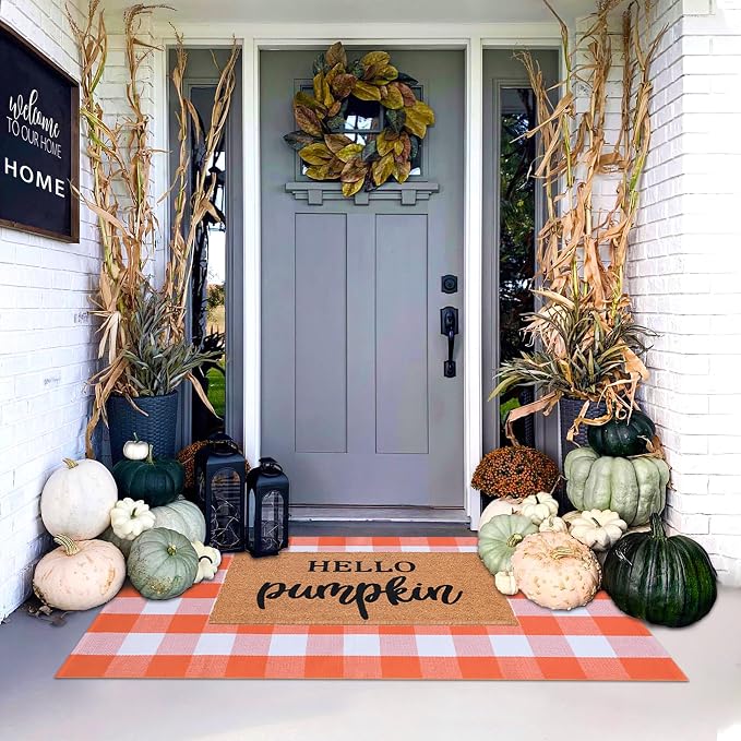 Orange and White Plaid Rug, 3' x 5' Fall Front Door Decor Mat, Cotton Washable Hand-Woven Door Mat for Layered Doormat, Autumn Halloween Thanksgiving Carpet for Porch, Entryway