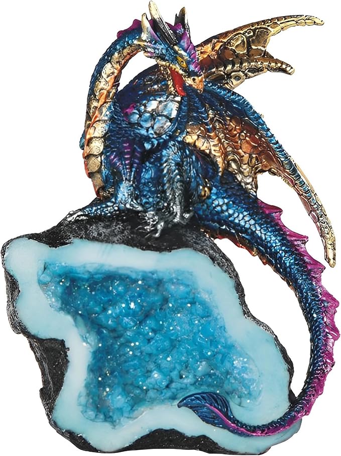 ICE Armor 5.5" H Colorful Dragon Guarding Blue Faux Crystal Cave Statue Fantasy Decoration Figurine