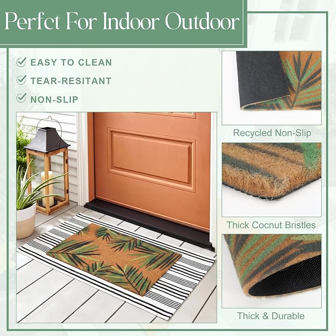 2 Pcs Outdoor Door Mat Combo Set Layered Outdoor Rug and Coir Welcome Doormat Non Slip Outside Floor Mat for Front Porch Entryway Patio Yard Decor(Palm Leaf,24'' X 51',18'' X 28'')