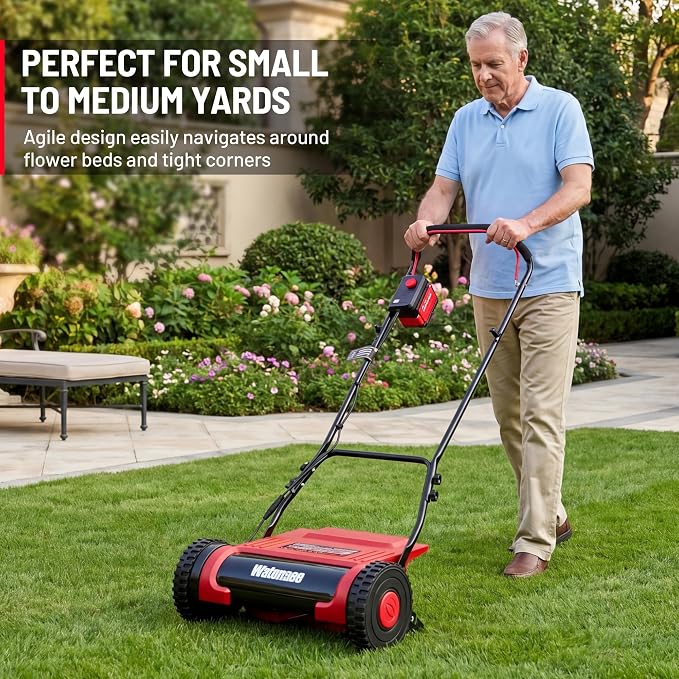 Walensee 16" Cordless Electric Reel Lawn Mower - Battery Powered Push Mower | Dual 36Wh Batteries, 380W Motor, Precision 5-Blade Cut, Quiet Operation， for Small to Medium Yards