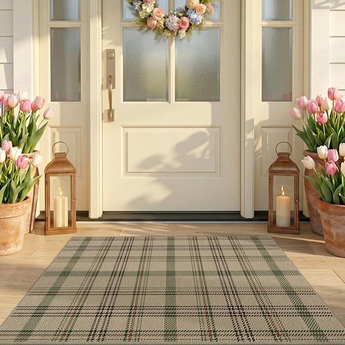 Washable Door Mat Indoor Entrance - Large Entryway Rug 2'3" x 3'7" (27.5" x 43"), Non Slip Sage Plaid Decor for Kitchen, Bathroom, Easy Jute Layering Rug for Front Porch