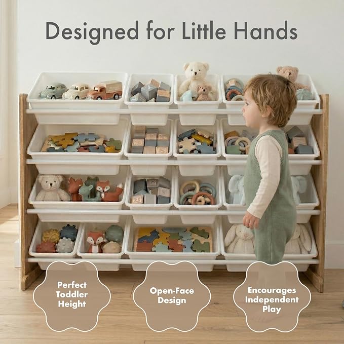 Humble Crew Kids Toy Organizer with 20 Bins, 4 Tier Storage for Playroom | Sturdy wood and steel toddler shelf, removable BPA-free containers, wall anchor anti-tip safety kit for bedroom or classroom