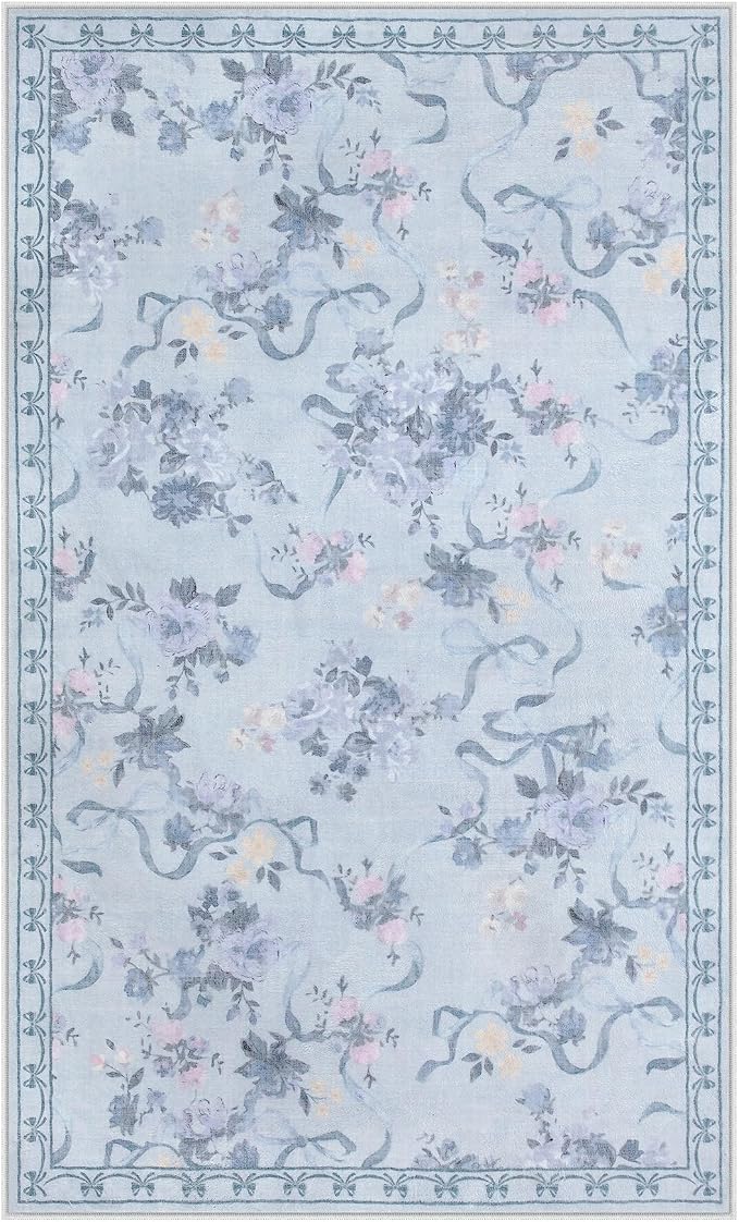 Tribesigns Bow Floral Blue 3x5 Washable Area Rugs for Living Room Entryway | Machine Washable, Non-Slip Backing with 4 Rug Tape, Soft Low Pile, for Coquette Nursery Kids Playroom Dorm Bedroom Decor