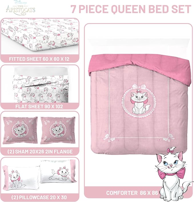 Disney Aristocats Marie Queen Comforter Set 7 Piece Kids Bedding, Pink | Bed in a Bag, Comforter Sheets Shams Pillowcases, Official Brand, Soft Microfiber, Machine Washable, Girls Gift