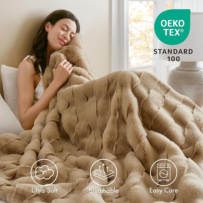 Madison Park Vivienne Faux Fur Throw Blanket Velvet, 50 x 60, Tan | All Season, Cozy Warmth for Sofa or Bed, Reversible, Lightweight, OEKO-TEX Certified