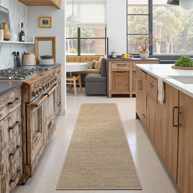 GarveeHome 2x6 Runner Rug for Hallway Modern Solid Washable Kitchen Rugs | Non Slip Stain Resistant Modern Bordered Bedroom Throw Carpet Indoor Outdoor Low Pile Area Rugs for Porch Kitchen, Jute