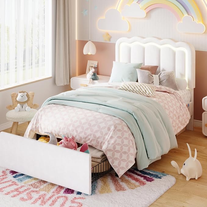 SHA CERLIN Twin Size Bed Frame with LED Lights and Storage Drawer, White | Upholstered Velvet Platform Bed with Adjuatable Wavy Headboard, Noise-Free, Easy Assembly,No Box Spring Needed