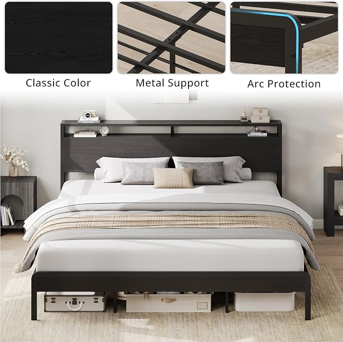 LIKIMIO California King Bed Frames with 2-Tier Storage Shelf Headboard | Dark Wood Platform Bed, Camas California King with Strong Metal Supports,Sturdy,Noise-Free,No Box Spring Needed,Classic Black