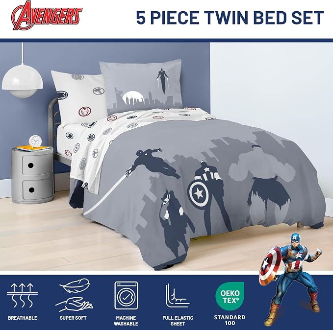 Marvel Avengers Twin Comforter Set 5 Piece Soft Bedding for Boys, Blue | Captain America Iron Man, Bed in a Bag, Comforter Sheets Sham Pillowcase, Soft Microfiber, Machine Washable, Boys Gift