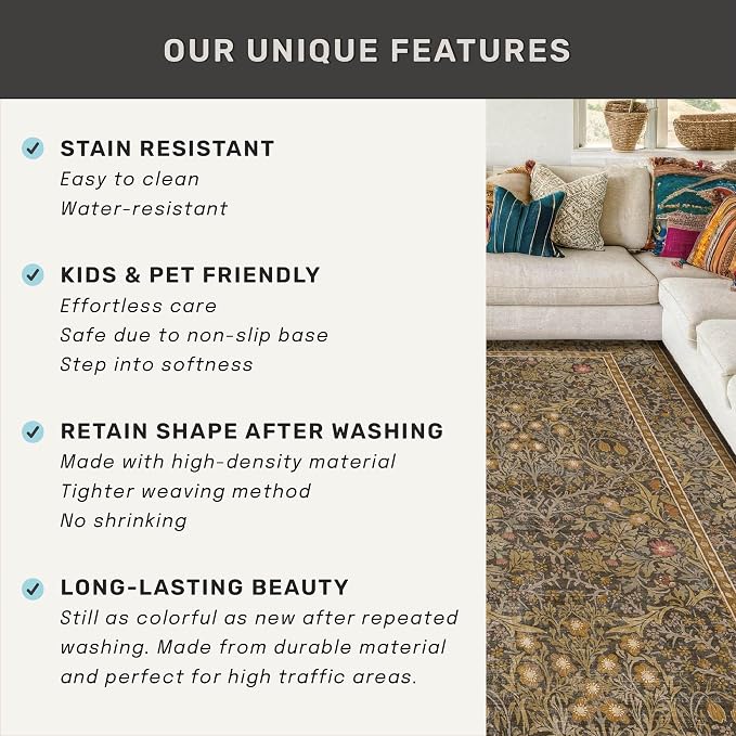 Washable 3x20 Extra Long Runner Rug for Hallway, Brown Non Slip Front Door Throw Rugs Indoor, Large Kitchen Indoor Floor Rugs, Soft Stain Resistant Low Pile Vintage Floral Carpet