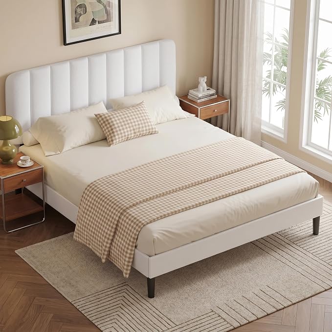 VECELO Full Size Bed Frame with Upholstered Headboard, Velvet Platform Bedframe Mattress Foundation, Strong Wood Slat Support, No Box Spring Needed,White