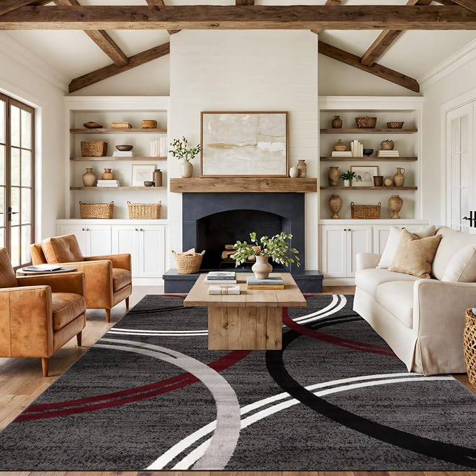Rugshop Wavy Circles Modern Non-Shedding Area Rug Red 8'8" x 12' | High Traffic,Fade Resistant, Living Room, Bedroom, Dining Room, Large Areas,Basement,Open Spaces,Kitchen,Oversized Area Rug