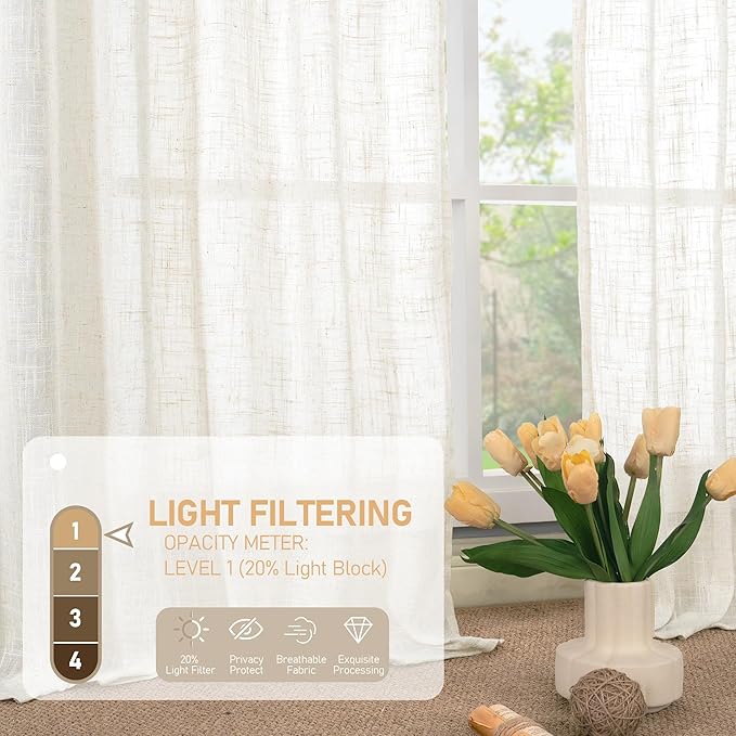 LAMIT 108 inch Semi Sheer Linen Curtains for Living Room, Back Tab and Rod Pocket Cream Curtains Light Filtering Country Rustic Neutral Drapes for Bedroom/Farmhouse, 2 Panels, 52 x 108 Inch