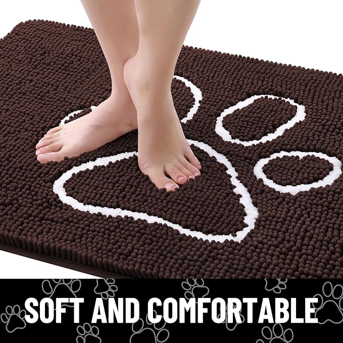 Smiry Dog Door Mat for Muddy Paws, Absorbent Dirt Trapper Non Slip Quick Dry Washable Chenille Mat for Mud Dogs, Entry Rug for Indoor and Outdoor (30x20 Inches, Brown and White)