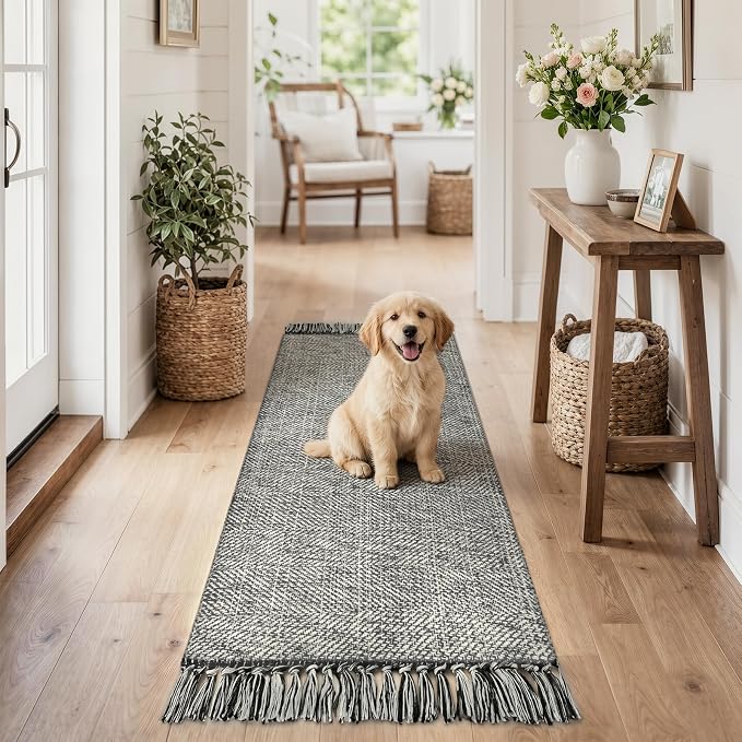 Collive Bathroom Runner Rug, 2' x 5' Modern Farmhouse Kitchen Runner Rug Hand-Woven Entryway Rugs Runners for Hallway, Gray Boho Washable Laundry Carpet Indoor Front Door Mat for Bedroom Decor