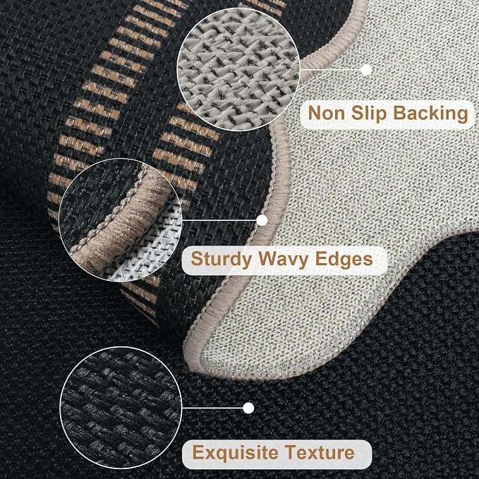 Scalloped Easy Jute Black Rug, 2.6x4 Front Door Washable Door Mat Non Slip Small Kitchen Area Rug, Farmhouse Low Pile Floor Rugs for Entryway Porch Doorway