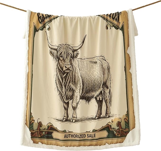 Indigo Hill by HiEnd Accents, Highland Cow Western Blanket, Soft Fleece Throw, Vintage Grand Livestock Auction Print Sherpa Throw Blanket for Couch, Sofa, Bed, 54x68 inch